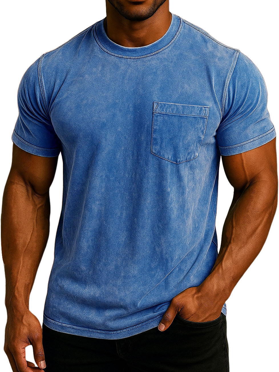 Men's Fashion Washed And Distressed Cotton Retro Pocket Casual T-shirt