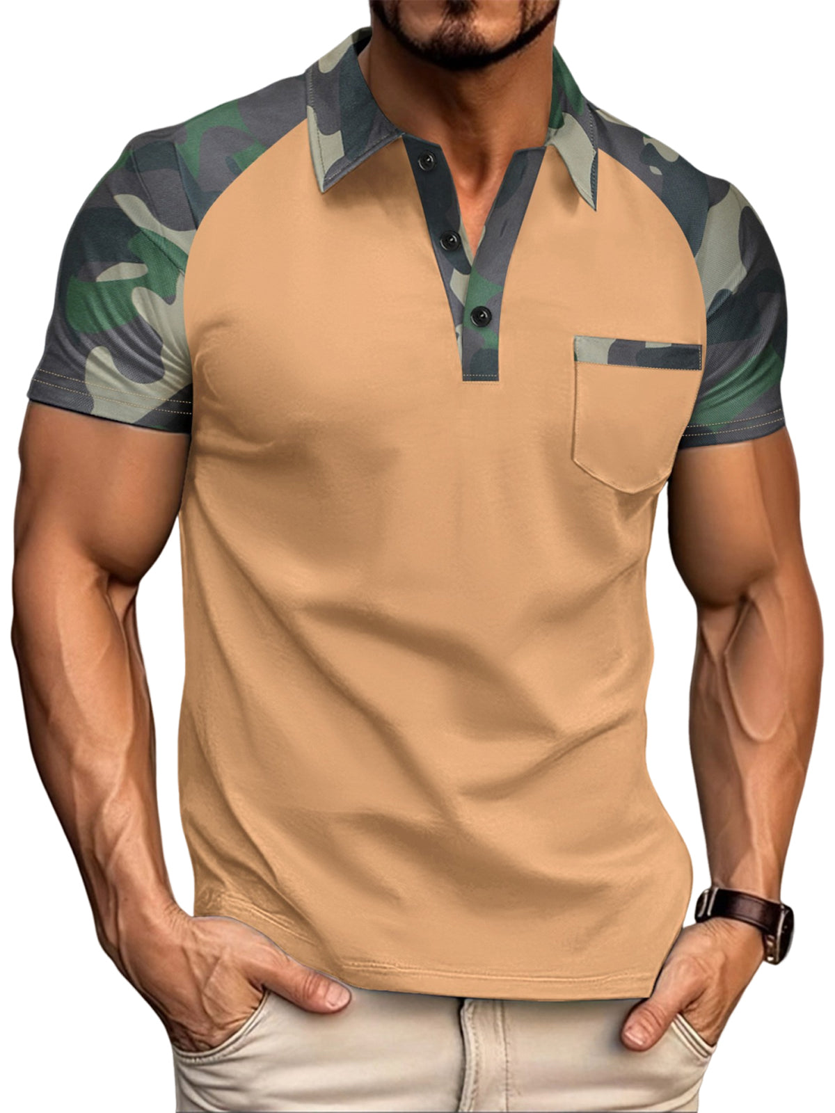 Men's Retro Outdoor Camouflage Colorblock Short-sleeved Polo Shirt
