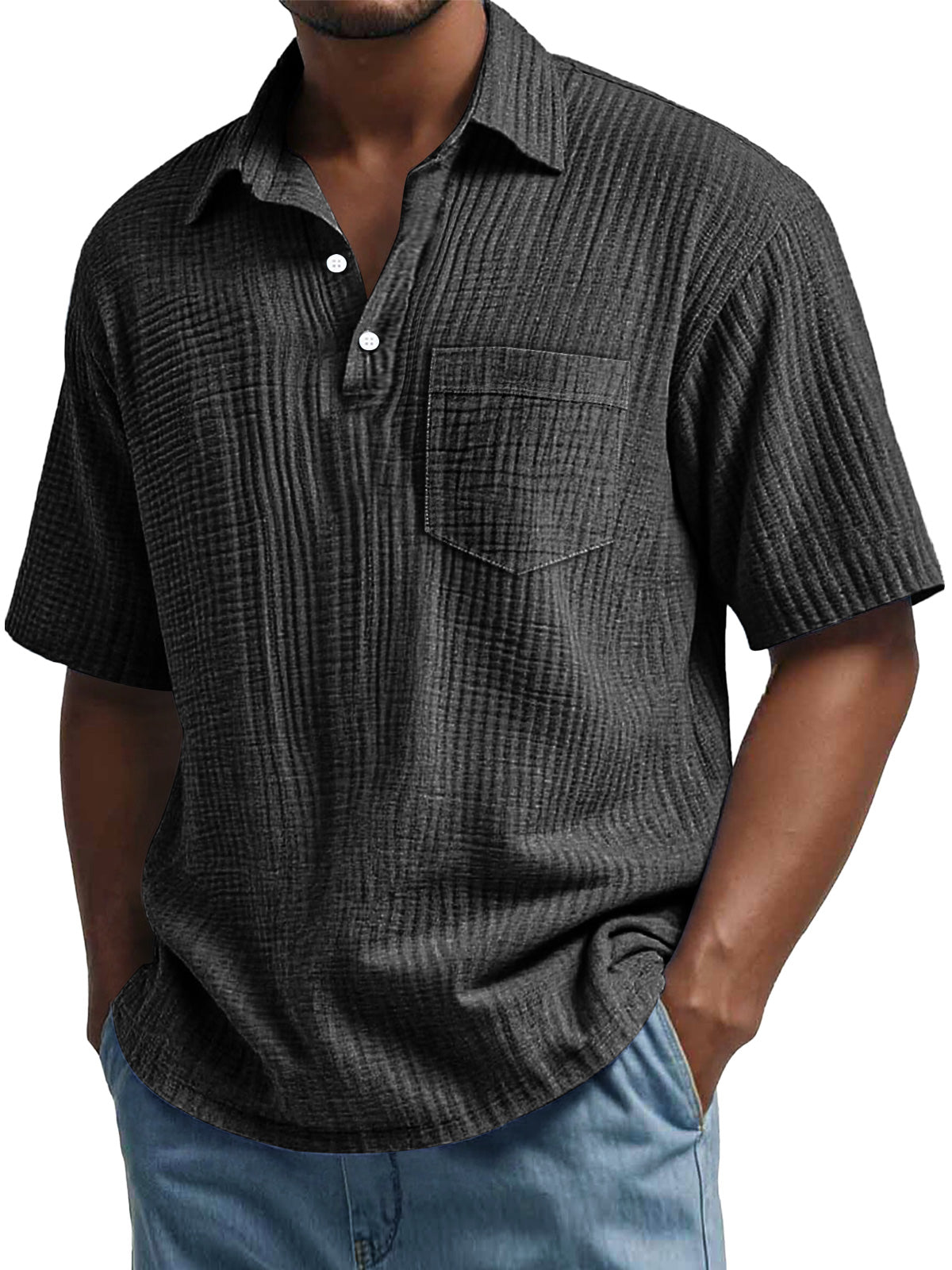 Men's Daily Pleated Casual Lapel Pocket Short Sleeve POLO Shirt