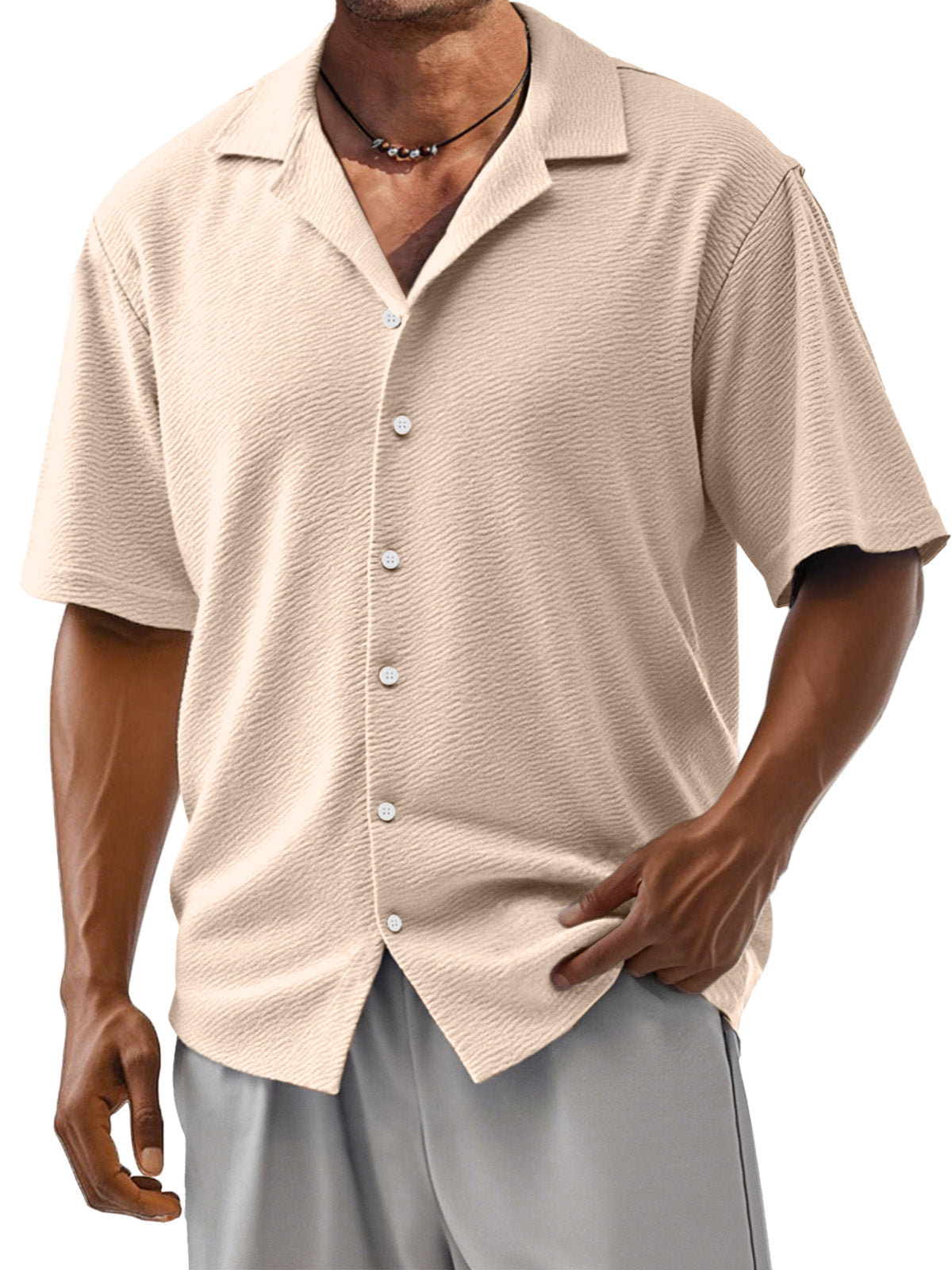 Men's Loose Solid Color Comfortable Texture Short-Sleeved Cuban Collar Shirt