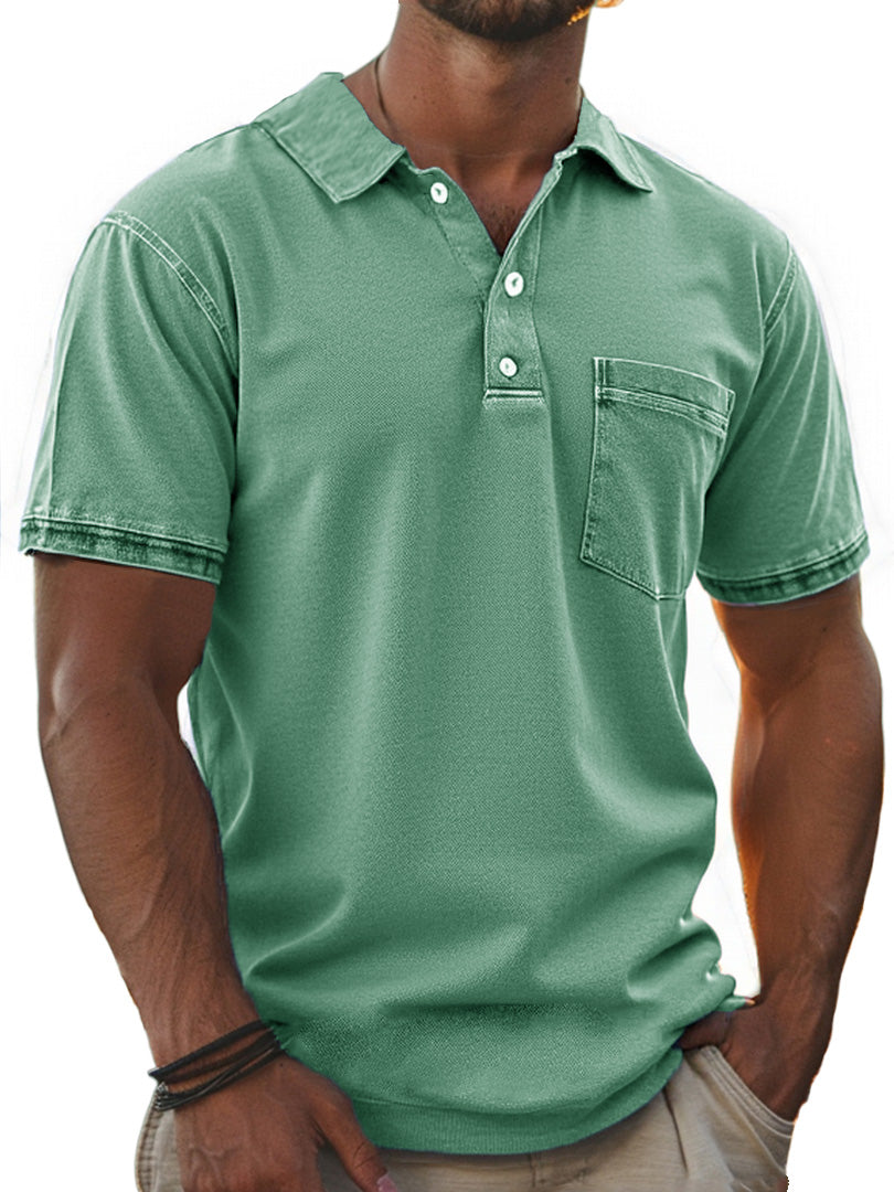Men's Stylish Retro Pure Cotton Distressed Fabric Pocket Lapel Polo Shirt